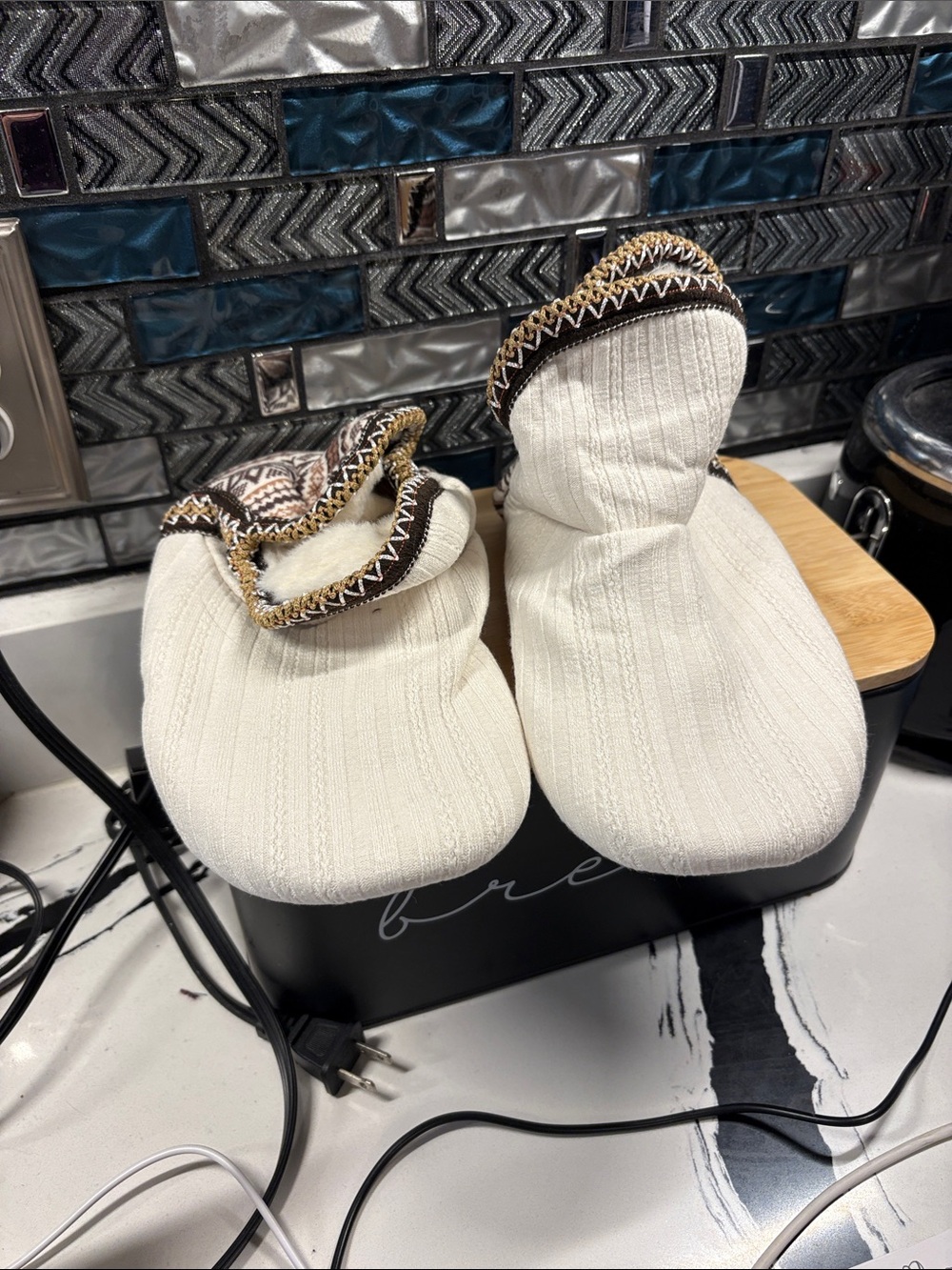 Women's Cream Knit Cozy Slipper Booties with Patterned Trim